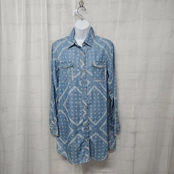Wrangler Blue tunic button Up blouse Western Boho Casual M - Picture 1 of 12